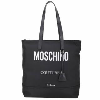 【MOSCHINO】Culture 字母印花附吊飾帆布肩背托特包(黑色 手提 通勤包)