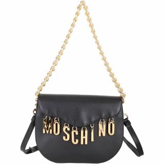 【MOSCHINO】字母綴飾牛皮鍊帶肩背 斜背馬鞍包(黑色 兩用包 側背 鍊帶包)