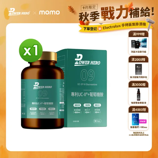 【PowerHero 勁漢英雄】專利UC-II+葡萄糖胺x1盒(60顆/盒、高純度MSM、葡萄糖胺、玻尿酸)