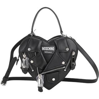 【MOSCHINO】Biker 愛心夾克造型小羊皮拉鍊手提 斜背包(黑x銀 兩用包 肩背 真皮)