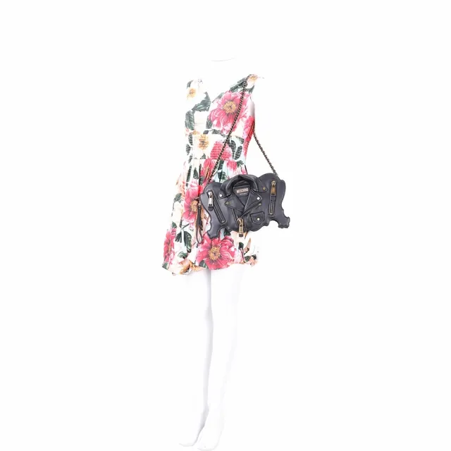 【MOSCHINO】Biker 仿舊金屬夾克造型可拆鍊帶羊皮手拿 肩背包(黑色 兩用包 鍊條包 真皮)