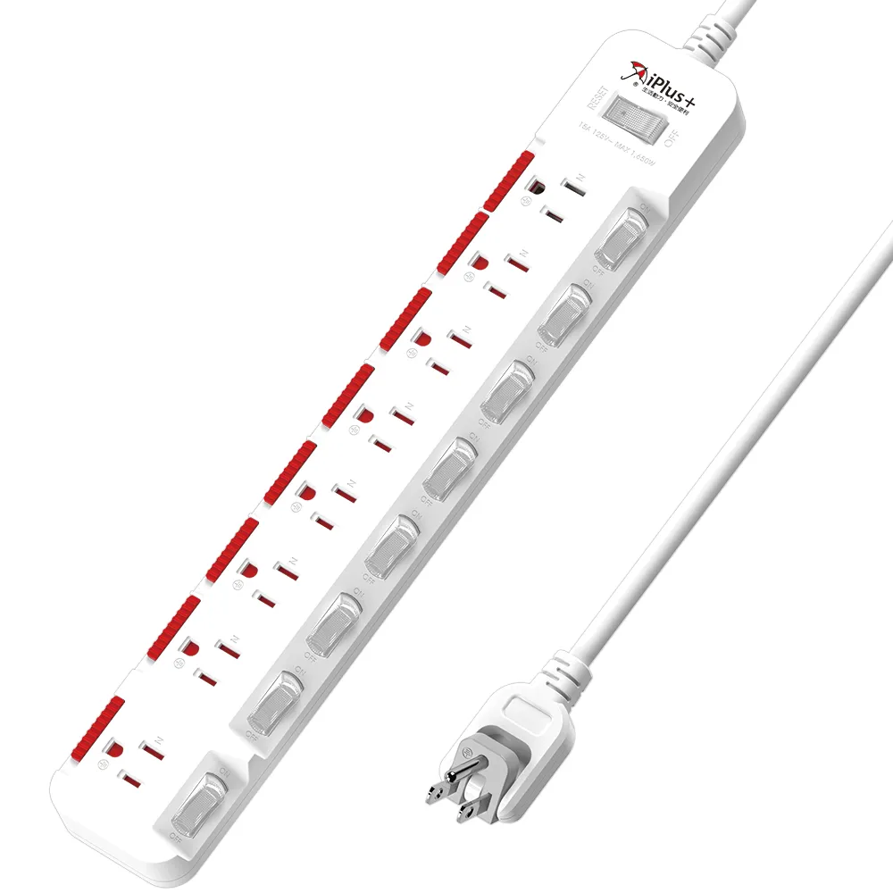 【iPlus+ 保護傘】9開8插3P防塵抗雷擊旋轉插頭延長線1.2M(PU-3987S 斜面開關.台灣製.防火)