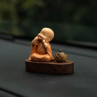 迦恩-小和尚蓮花香爐車載擺件 治癒系辦公室可愛擺件 家居客廳裝飾品