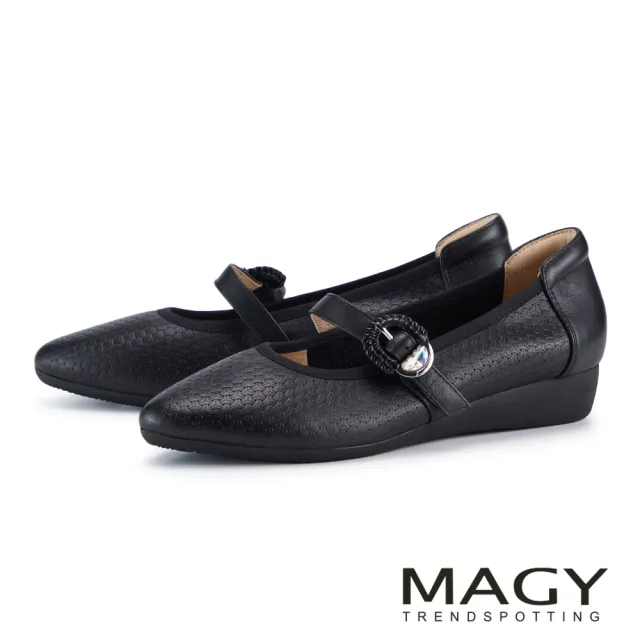 【MAGY】經典牛皮壓紋瑪莉珍平底鞋 黑色
