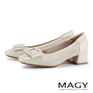 【MAGY】優雅蝴蝶結方飾鏤空牛皮跟鞋 米白