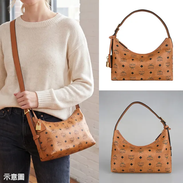 【MCM】MCM 人造皮革拼牛皮AREN HOBO系列拉鍊肩背斜背包(小/白蘭地褐)