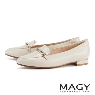 【MAGY】牛皮金屬鑽練樂福粗低跟鞋 米白