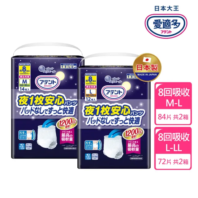 【日本大王】愛適多 夜間超安心褲型強效8回吸收男女共用M-L(2箱組)