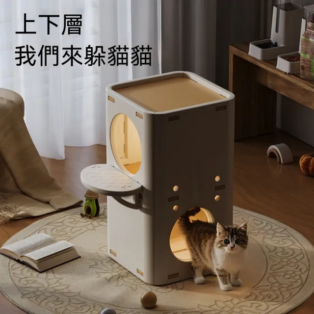 【佳美多】方形雙層貓屋 貓窩 雙層貓窩 貓咪休憩屋 貓抓板貓窩 上下雙洞口 貓咪可進出躲藏 背面貓抓板設計