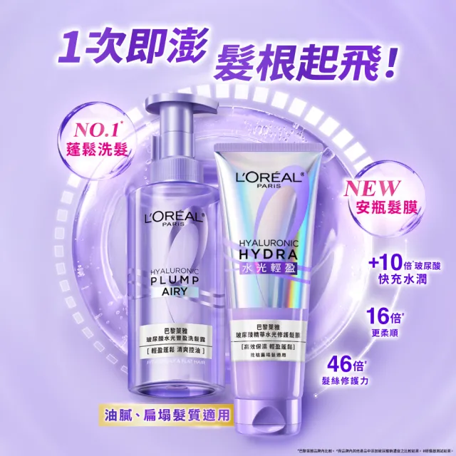 【L’OREAL Paris 巴黎萊雅】黃金胜肽柔韌修護/ 玻尿酸水光豐盈/ 珍珠蛋白瞬順柔亮洗髮露