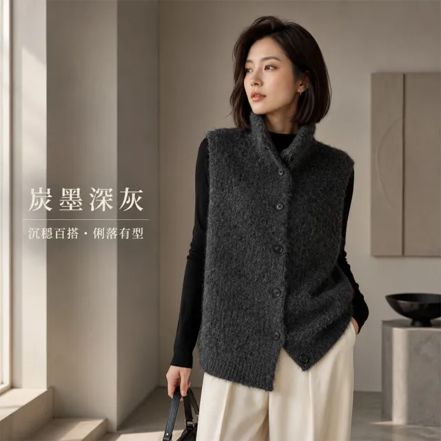 【JC Collection】☆台灣現貨☆|羊駝毛柔暖保暖高領單排釦厚針織寬鬆背心外套|日常百搭