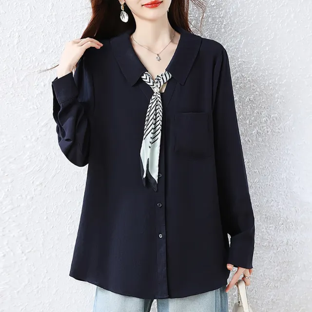 【麗質達人】908藍色長袖配領巾上衣-LY (L-5XL)