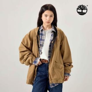 【Timberland】男款棕黃色寬版連帽帆布飛行外套(A5T4QAKX)