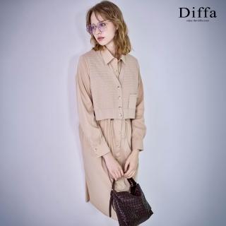 【Diffa】襯衫領假兩件連身長袖洋裝-女