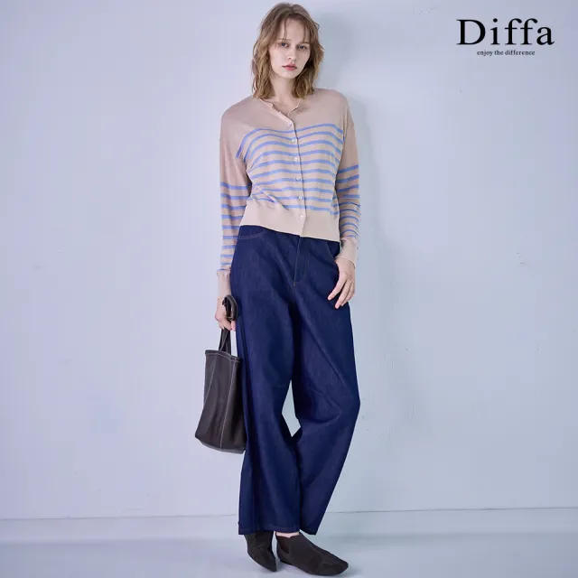 【Diffa】刷色剪裁後腰鬆緊牛仔長寬褲(丹寧)-女