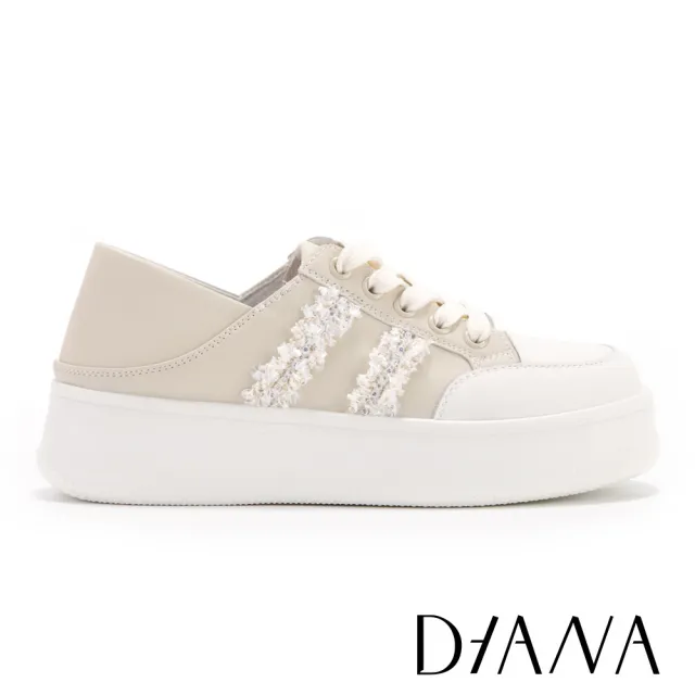 【DIANA】小香風編織雙條紋牛皮兩穿厚底小白鞋 米色