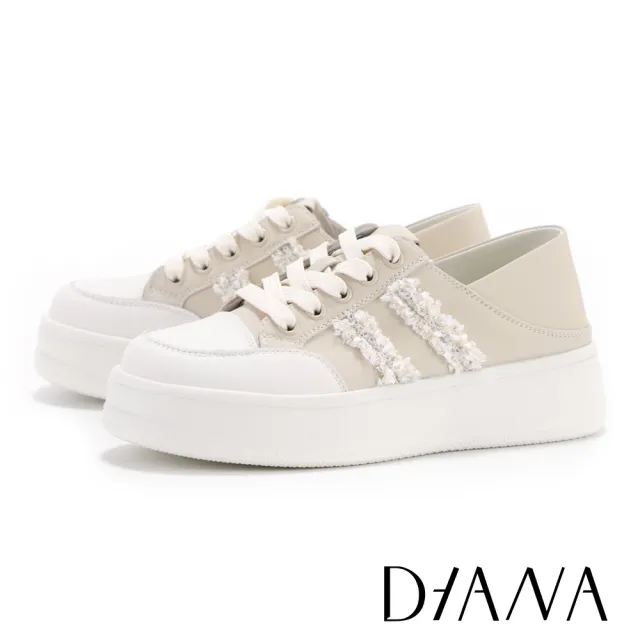 【DIANA】小香風編織雙條紋牛皮兩穿厚底小白鞋 米色