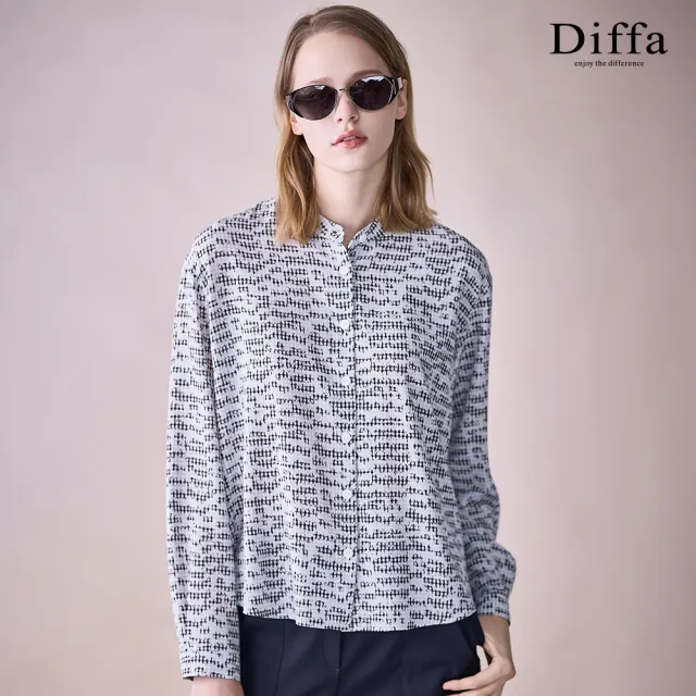 【Diffa】灰格微落肩開襟長袖上衣-女