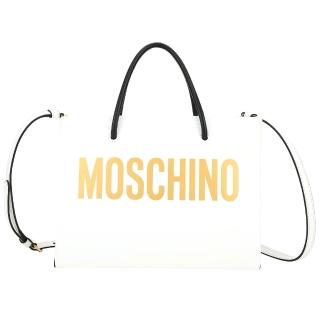 【MOSCHINO】金色字母牛皮手提 肩背托特包(白色 兩用包 購物包 真皮)