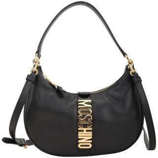 【MOSCHINO】金色字母小牛皮斜背 肩背彎月包(黑色 兩用包 腋下包 手提 斜背)