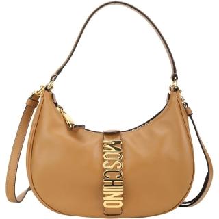【MOSCHINO】金色字母小牛皮斜背 肩背彎月包(棕色 兩用包 腋下包 手提 斜背)