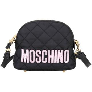 【MOSCHINO】粉字母絎縫尼龍可拆背帶手拿 斜背貝殼包(黑色 兩用包 肩背 萬用包)