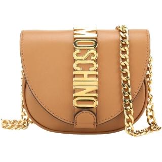 【MOSCHINO】金字牛皮翻蓋鍊帶斜背迷你馬鞍包(棕色 肩背 鍊條包 真皮)