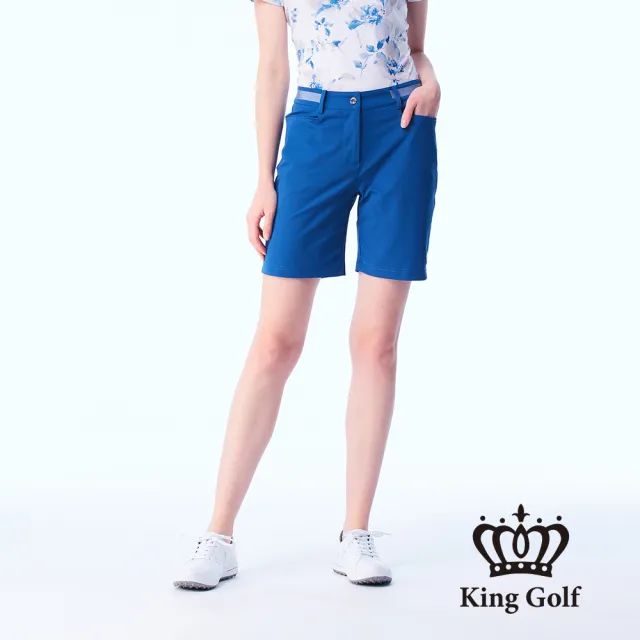 【KING GOLF】網路限定款-女款立體刺繡織帶拼接素面舒適修身休閒短褲/高爾夫球褲-藍色