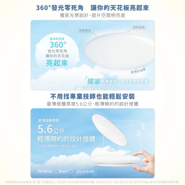 【DanceLight 舞光】1入 LED 50W 雲朵 遙控吸頂燈 四段壁切 無極調光調色 全電壓 適用4-6坪(D-CEN50DM)