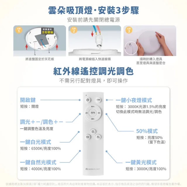 【DanceLight 舞光】1入 LED 50W 雲朵 遙控吸頂燈 四段壁切 無極調光調色 全電壓 適用4-6坪(D-CEN50DM)
