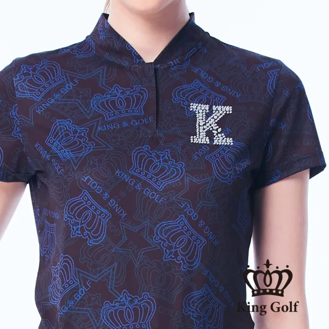 【KING GOLF】網路限定款-女款滿版皇冠印花K字燙鑽小立領開襟POLO衫/高爾夫球-黑色