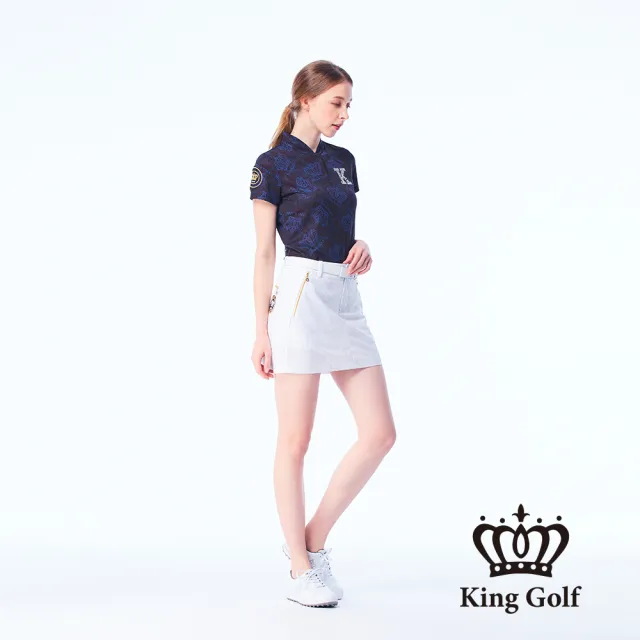 【KING GOLF】網路限定款-女款滿版皇冠印花K字燙鑽小立領開襟POLO衫/高爾夫球-黑色