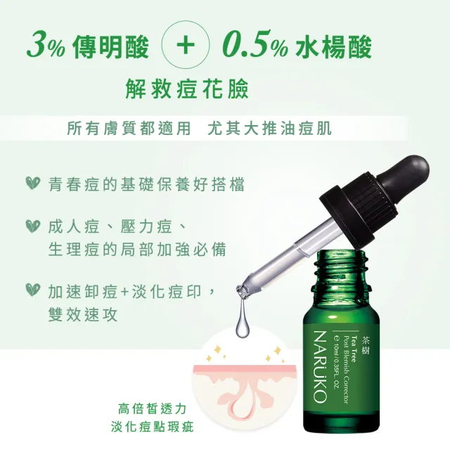 【NARUKO 牛爾】滑溜美肌組★茶樹三酸毛孔安瓶精華30ml+茶樹痘印美白寶10ml(角質調理/收孔抗痘/淡化痘印)