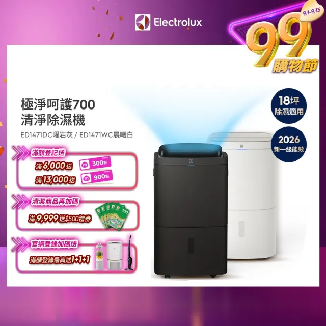 【Electrolux 伊萊克斯】符合2026 新一級能效 14L WIFI 極適家居700清淨除濕機(ED1471DC/WC兩色任選)
