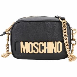 【MOSCHINO】金字荔紋牛皮可拆鍊帶手拿 斜背相機包(黑色 肩背 鍊條包)