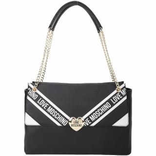 【MOSCHINO】LOVE MOSCHINO 愛心釦印花字母牛皮手提 肩背托特包(黑色 鍊帶 鍊條 翻蓋)