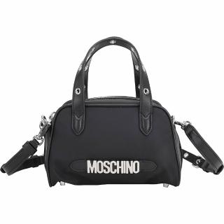 【MOSCHINO】銀字徽標牛皮拼尼龍手提 斜背波士頓包(黑色 保齡球包 醫生包 箱型包)