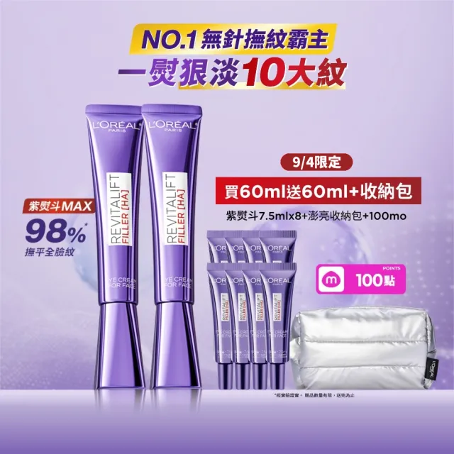 【L’OREAL Paris 巴黎萊雅】全新升級! 玻尿酸眼霜級撫紋精華霜30ml_2入(紫熨斗MAX3.0版)