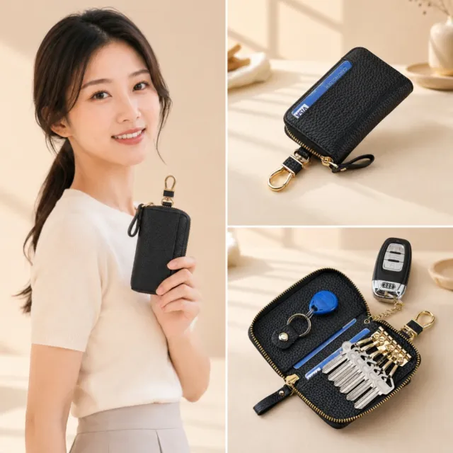 【EMMA SUE】真皮鑰匙包 禮物 鑰匙包 多功能鑰匙包 牛皮鑰匙包 車用鑰匙包 家用鎖匙包 可拆卸鑰匙