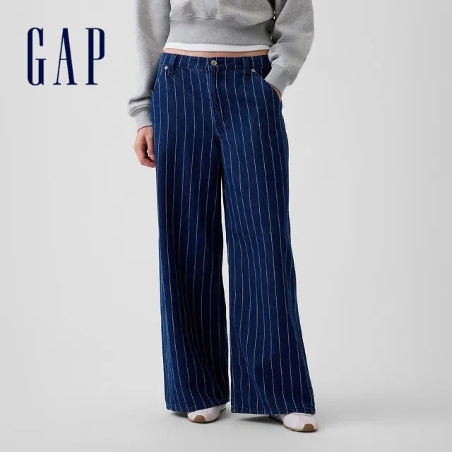 【GAP】中腰條紋寬鬆牛仔褲-深藍條紋(908655)