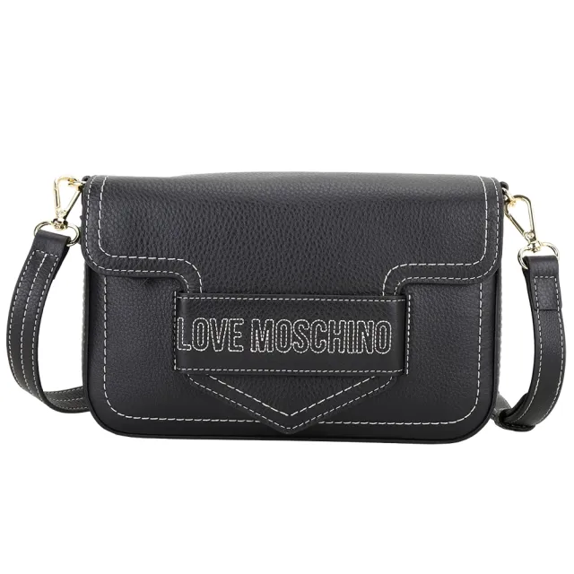 【MOSCHINO】LOVE MOSCHINO 可拆背帶荔紋牛皮縫線字母掀蓋手拿 斜背包(黑色 肩背 翻蓋)