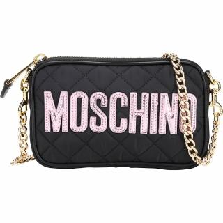 【MOSCHINO】粉字菱格絎縫尼龍可拆鍊帶手拿 斜背包(黑色 肩背 鍊條包)
