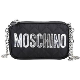 【MOSCHINO】銀字菱格絎縫尼龍可拆鍊帶手拿 斜背包(黑色 肩背 鍊條包)