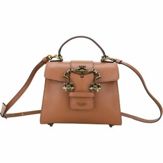 【MOSCHINO】復古雕花扣帶牛皮翻蓋肩背包(棕色 兩用包 手提 斜背)