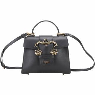 【MOSCHINO】復古雕花扣帶牛皮翻蓋肩背包(黑色 兩用包 手提 斜背)