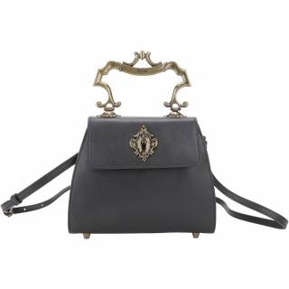 【MOSCHINO】復古雕花金屬轉扣牛皮翻蓋肩背包(黑色 翻蓋包 梯形包 側背)