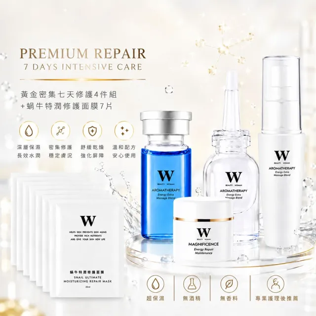 【W 修護保養】黃金密集七天修護4件組+蝸牛修護面膜7片