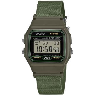 【CASIO 卡西歐】鬧鈴電子帆布錶-軍綠 / F-91WF-3A (原廠公司貨)