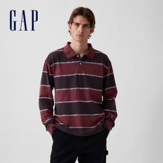 【GAP】寬鬆版PK布Polo衫-酒紅條紋(907249)