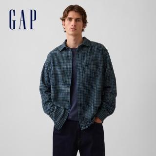 【GAP】寬鬆法蘭絨襯衫-綠藍格紋(904948)